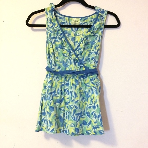 3/$30 ANTHROPOLOGIE VIOLA WATERCOLOR PAINT PAINTERLY RUFFLE TIE WAIST TOP sz 0 - Picture 1 of 10